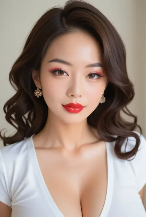 Score_9, score_8_up, score_7_up.
A beautiful MILF in an plain poloshirt and tight-fitting slacks greets the viewer from her living.
She is Japanese woman, makeup, eyeshadows, eyeliners, long false eyelashes, light red lips, short wavy hair.
Glamorous body,...