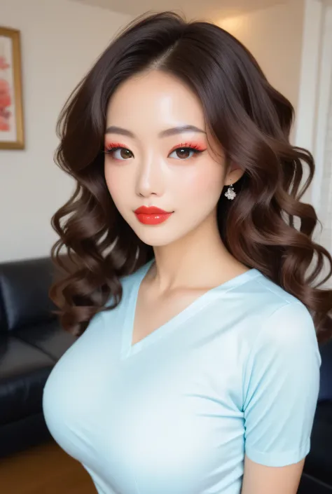 Score_9, score_8_up, score_7_up.
Beautiful Japanese woman, makeup, eyeshadows, eyeliners, long false eyelashes, light red lips, short wavy hair.
Glamorous body, big breasts.
Plain poloshirt, tight-fitting slacks.
Living room.