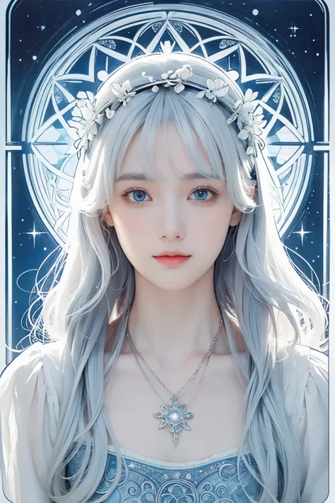 (Beautiful fair-skinned woman), (Gentle smile like a girl), Clear light blue eyes, (Long loosely curled white hair), Close-up, Portrait, (White shirt), (Slender figure), Small ice necklace, (Cold ice world), Entire building made of ice, Ice room, Small tra...