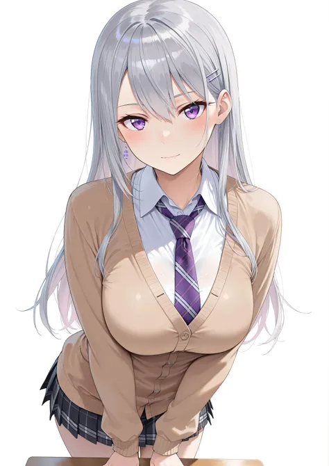 solo,masterpiece,best quality,super fine illustration、finely detail 、clear picture、UHD、HDR, amazing quality, highres, absurdres, very aesthetic, high resolution, ultra detailed, perfect details,nijikaede,purple eye,grey hair,long eyelashes,long hair,hair p...
