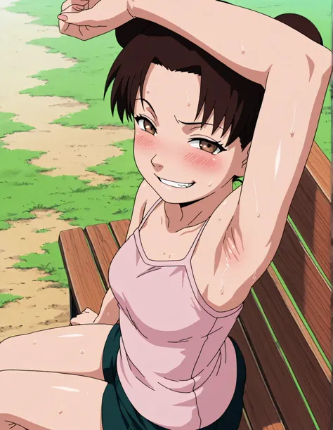 masterpiece, best quality, amazing quality, anime screencap, anime coloring, 1girl, solo, ytenten, brown eyes, brown hair, short hair, double bun, small breasts, forehead, light pink tank top, (spaghetti straps:1.1), skindentation, (sweaty:0.7), arm on own...