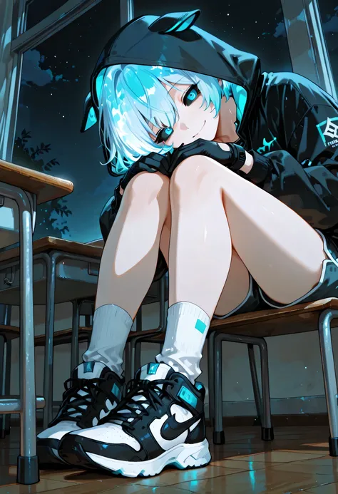 sky blue hair,Fluorescent hair,short hair,boy, Black卫衣,Wearing a hood,Blue Pupils(Luminescence),classroom,shorts,sneakers, white socks,standing,Smile, up close,night,wearing hood hood up, with gloves ( Black),evil, Black巩膜,black sclera,Sitting, heads down