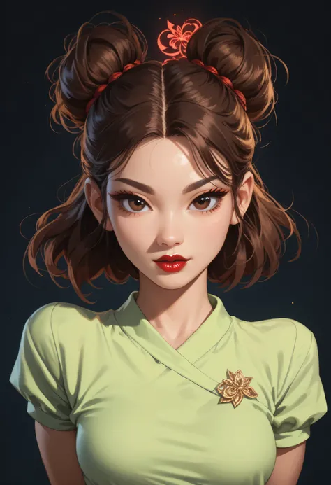 simple background, perfect face, hair bun, brown hair, (forehead), black thin eyebrows, big glowing brown eyes, thick red lipstick, beautiful woman, shirt, green shirt, medium breasts, pov, ((female asian)), asian, arms behind back
