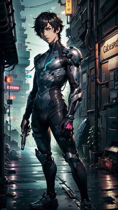 masterpiece, best quality, 1boy, solo, Amamiya Ren, ((male in a military tactical armored suit with a gun, navy blue and neon colors cyber suit armor, Ren amamiya, black brown hair and eyes, 17 teen years old, male, Athletic, handsome)), ((top quality, ult...