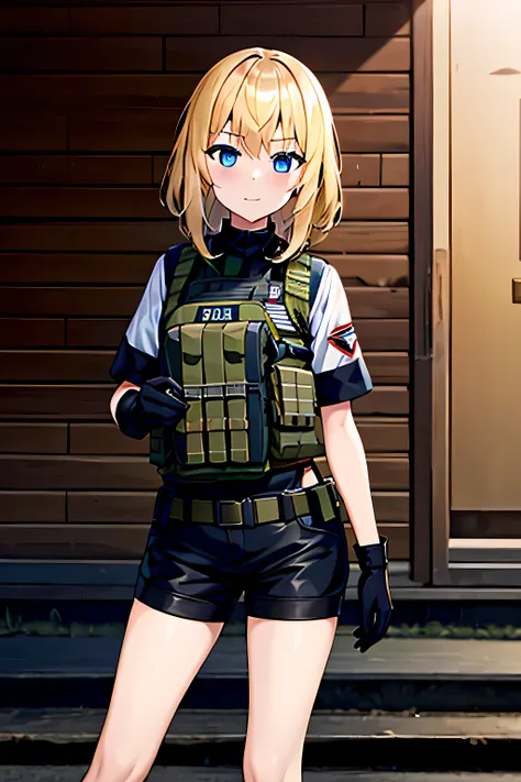 Masterpiece, solo, 1girl, 4k, standing, female soldier, bulletproof vest, dessert camouflage uniform, blonde hair , blue eyes, flat breast, long hair, black gloves, British royal Marines, , short hair, black shorts, outdoor, dessert, soldiers, standing on ...