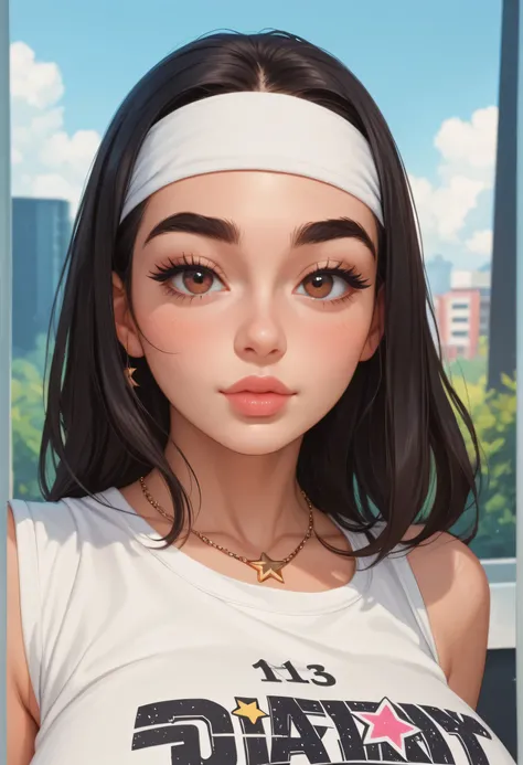 perfect face, face, long hair, black hair, (bandhead), (white bandhead), black eyebrows, thick eyebrows, brown eyes, black eyeliners, blush, nose, thick lips, beautiful woman, necklace star, huge breasts, tank top, white tank top, forest, cloud sky