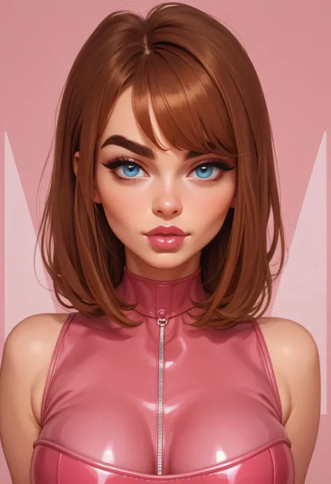 Perfect Face, Cut Straight Hair, Bright Brown Hair, Brown Thick Eyebrows, Blue Eyes, Pink Rouge, Bright Red Thick Lips, Beauty Woman