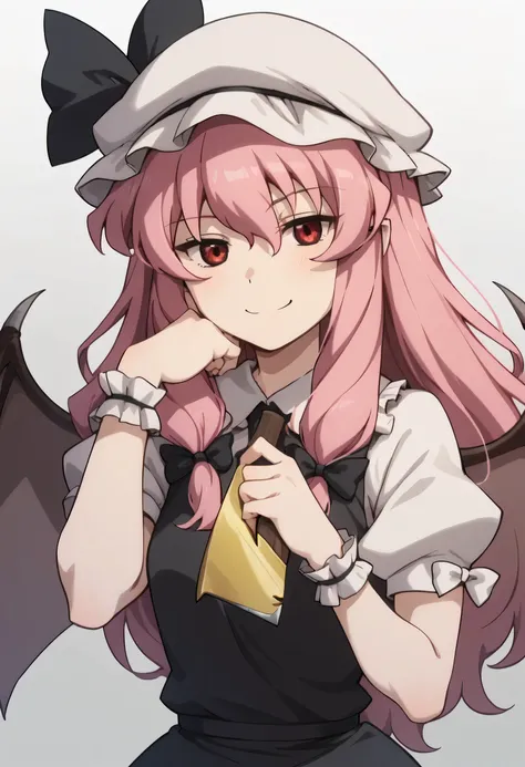 score_9,score_8_up,score_7_up,anime coloring,ai shindou,hat,red eyes,pink hair,black outfit, head rest,1girl,long hair,parody,solo,wings,wrist cuffs,mob cap,hat ribbon,ribbon,style parody,bat wings,multiple girls,bow,smile,closed mouth,holding ice axe,hold...