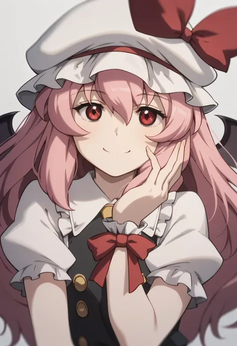 score_9,score_8_up,score_7_up,anime coloring,ai shindou,hat,red eyes,pink hair,black outfit, head rest,1girl,long hair,parody,solo,wings,wrist cuffs,mob cap,hat ribbon,ribbon,style parody,bat wings,multiple girls,bow,smile,closed mouth,holding ice axe,hold...