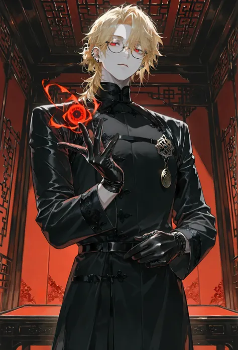 8k, beautiful masterpiece, looking out at the front, alone, super pale skin, Perfect Eyes shape, Athletic Build, ((He wears: Black Elaborate Daopao (道袍), Silver Daoist Amulet, Black Leather Gloves, Pince-nez Glasses)), (((background is Chinese opulent room...
