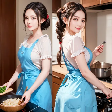 (masterpiece,best quality: 1.4),(8k,raw photo,photo realistic:1.2),shiny skin, detailed skin,detailed face,detailed eyes,Japanese idol,beautiful face,Kitchen at home, various cooking utensils, one beautiful woman, beautiful Japanese woman, well-dressed fac...