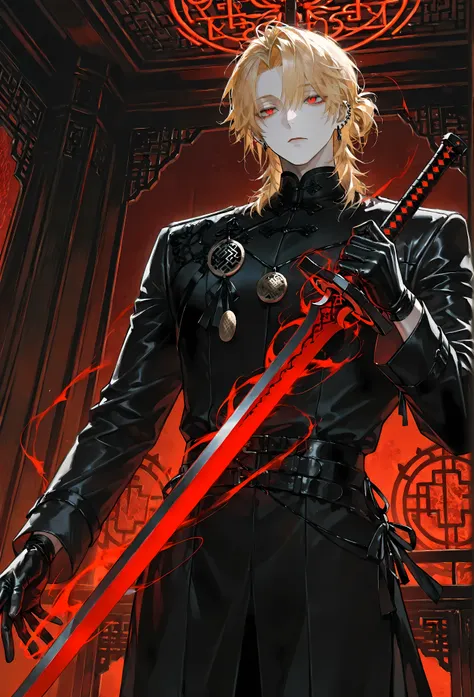 8k, beautiful masterpiece, looking out at the front, alone, super pale skin, Perfect Eyes shape, Athletic Build, ((He wears: Black Elaborate Daopao (道袍), Silver Daoist Amulet, Black Leather Gloves)), (((background is Chinese opulent room, looks emotionless...
