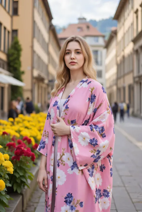 What I'm imagining is、What I'm imagining is、Streetscape of Bern, Switzerland、Impression of a bank in the center of the city、A blond 20-year-old woman in a pink floral kimono、Face Details、(full body high resolution photo)、impressive style with a spectacular...
