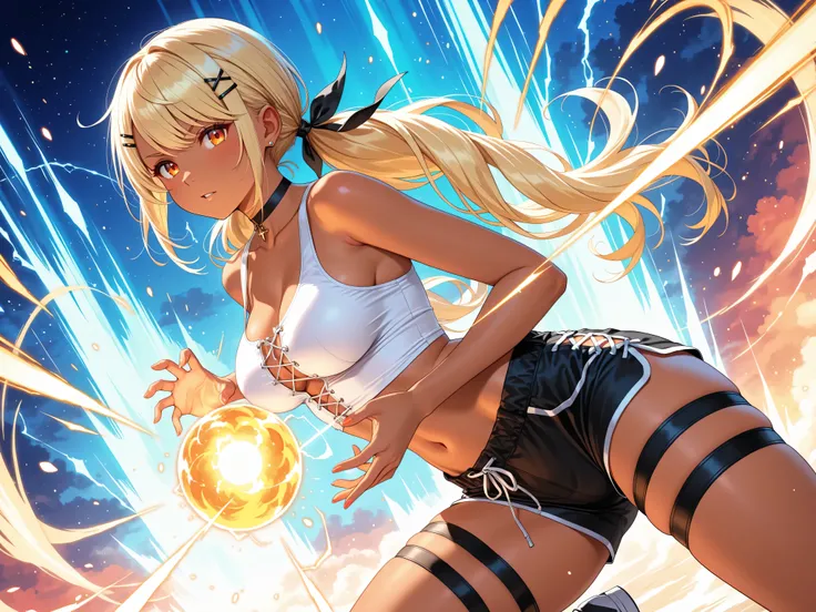solo,masterpiece,best quality, masterpiece, Super detailed,High resolution,Extremely detailed CG,QpiCos1 dark skinned female, orange eyes, blonde hair, long hair, low twintail, hair ribbon, hairclip, choker, white shirt, midriff, black shorts, thigh strap,...
