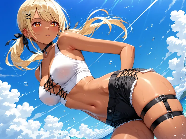 solo,masterpiece,best quality, masterpiece, Super detailed,High resolution,Extremely detailed CG,QpiCos1 dark skinned female, orange eyes, blonde hair, long hair, low twintail, hair ribbon, hairclip, choker, white shirt, midriff, black shorts, thigh strap,...