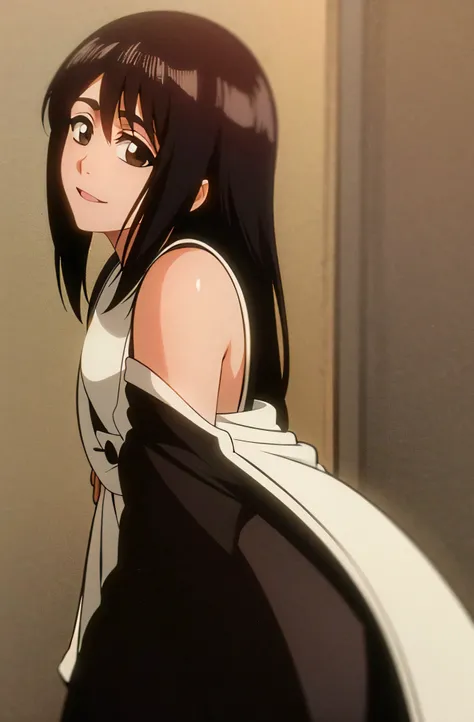 Masterpiece, top quality , one girl from the side , romantic love , black hair, single ,Straight long hair, brown eyes, kimono, white sleeveless coat ,Captain's coat without white sleeves, black kimono , smile, alone, I'm looking for , simple background ,