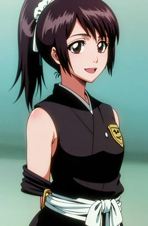 Masterpiece, top quality , one girl from the side , romantic love , black hair, single ,ponytail,brown eyes,kimono, white sleeveless coat ,Captain's coat without white sleeves, black kimono , smile, alone, I'm looking for , simple background ,