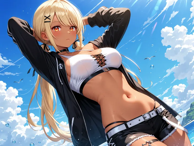 solo,masterpiece,best quality, masterpiece, Super detailed,High resolution,Extremely detailed CG,QpiCos1 dark skinned female, orange eyes, blonde hair, long hair, low twintail, hair ribbon, hairclip, choker, white shirt, midriff, black shorts, thigh strap,...