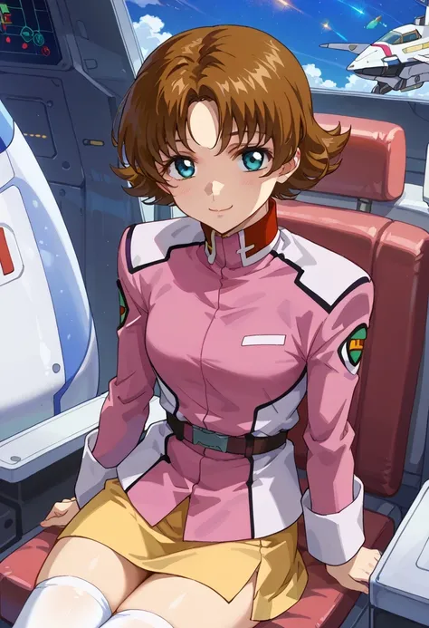 score 9、score 8 up、score 7 up、score 6 up、score 5 up、score 4 up、anime coloring、source anime、傑作、best quality、best resolution、best image quality、1girl、<lora:Miriallia_Haw_Gundam_SEED_Pony:0.8>、miriallia、solo、brown hair、short hair、blue eyes、flipped hair、 pink ...