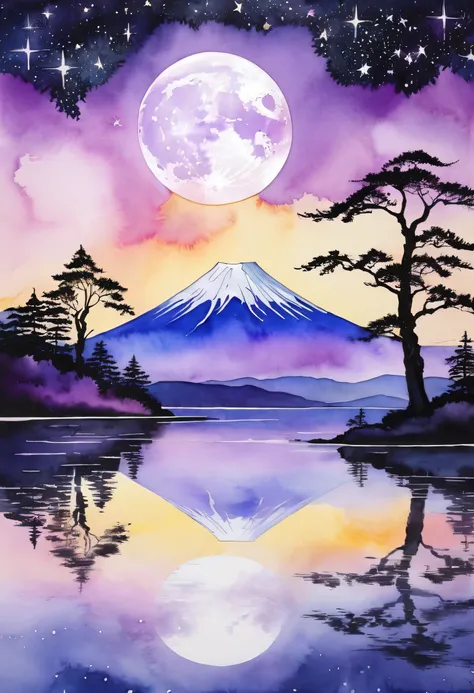 Watercolor painting, big moon and Mount Fuji highlighted by the reflection of trees in the water, digital fantasy landscape, dreamy collage, light purple gold and black and stars, Flickr, airbrush art, mesmerizing color landscape, eye-catching composition ...