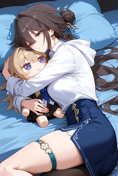 score_9, score_8_up, score_7_up, masterpiece, best quality, very aesthetic, absurdres, tunning image, attractive image, 1girl, adult grown woman, solo, ruan mei (honkai: star rail), long brown hair, hair between eyes, hair ornament, hair intakes, hair bun,...