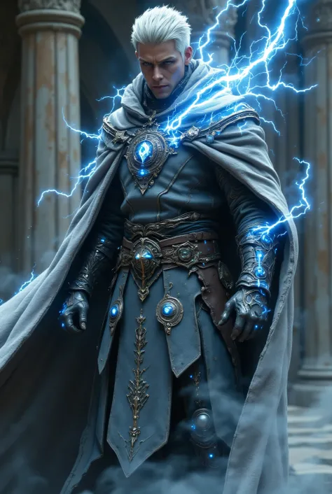 Full body image toes to the top of the head and this man wears a whipped leather armor made of gray white make me a 25-year-old man with short white hair with silver hair and narrow green eyes . He is using a Storm Forged Sill Plate - A blackened steel win...