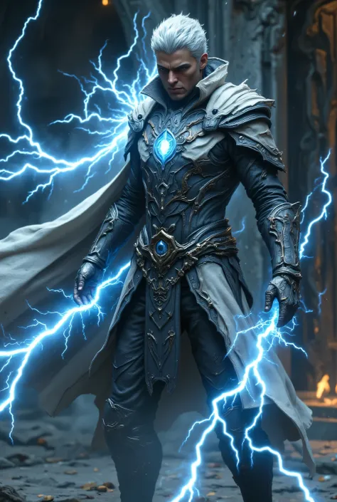 Full body image toes to the top of the head and this man wears a whipped leather armor made of gray white make me a 25-year-old man with short white hair with silver hair and narrow green eyes . He is using a Storm Forged Sill Plate - A blackened steel win...