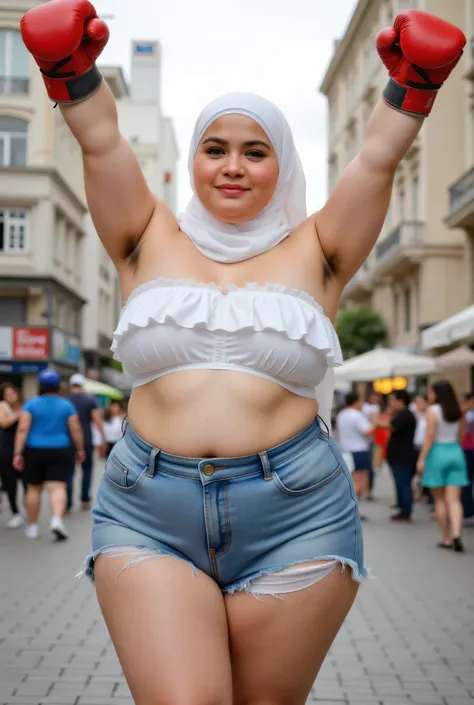 Chubby front view, HIJAB. (Ruffle top strapless ). BOTH HANDS IN STRAIGHT UP LIFT WEARING RED BOXING GLOVES, hairy Arm pit, too much very short denim micro-shorts unbuttone. Background di tengah-tengah kesibukkan kota, SPREAD HAND KE ATAS.