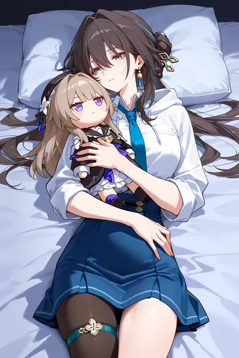 score_9, score_8_up, score_7_up, masterpiece, best quality, very aesthetic, absurdres, tunning image, attractive image, 1girl, adult grown woman, solo, ruan mei (honkai: star rail), long brown hair, hair between eyes, hair ornament, hair intakes, hair bun,...