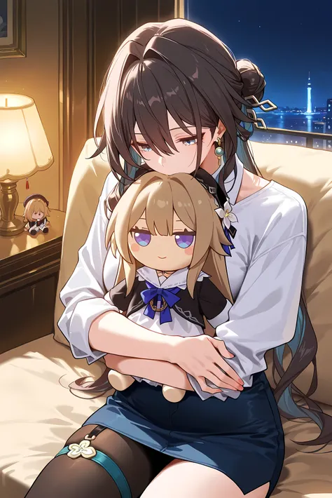 score_9, score_8_up, score_7_up, masterpiece, best quality, very aesthetic, absurdres, tunning image, attractive image, 1girl, adult grown woman, solo, ruan mei (honkai: star rail), long brown hair, hair between eyes, hair ornament, hair intakes, hair bun,...