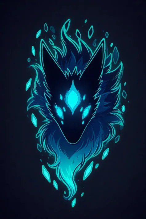 mythical creature with a fox face and bird plumage, digital vector illustration, vertical composition, full face with a slight inclination of the head, glowing turquoise crystal eyes, flowing feather fur with a gradient from dark blue to blue, sticker art ...