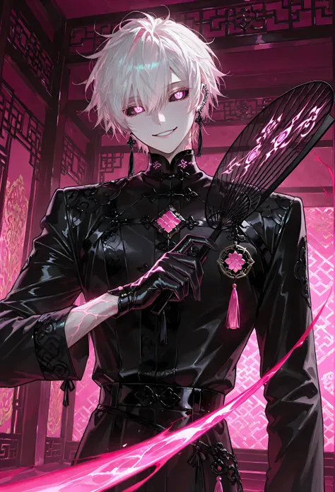 8k, beautiful masterpiece, looking out at the front, alone, super pale skin, Perfect Eyes shape, Athletic Build, ((He wears: Black Elaborate Daopao (道袍), Pink Jade Amulet, Black Leather Gloves)), (((background is Chinese opulent room, smiles mischievously ...