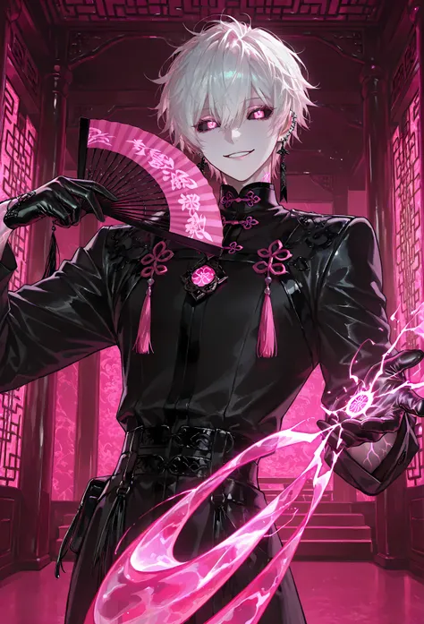 8k, beautiful masterpiece, looking out at the front, alone, super pale skin, Perfect Eyes shape, Athletic Build, ((He wears: Black Elaborate Daopao (道袍), Pink Jade Amulet, Black Leather Gloves)), (((background is Chinese opulent room, smiles mischievously ...