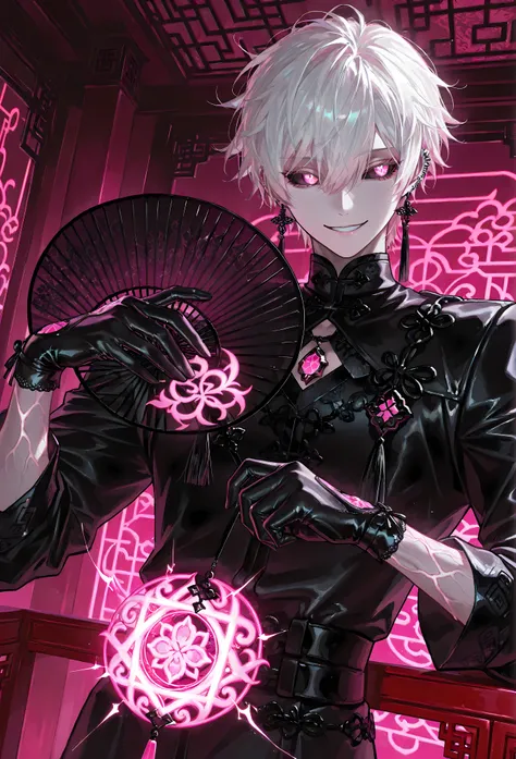 8k, beautiful masterpiece, looking out at the front, alone, super pale skin, Perfect Eyes shape, Athletic Build, ((He wears: Black Elaborate Daopao (道袍), Pink Jade Amulet, Black Leather Gloves)), (((background is Chinese opulent room, smiles mischievously ...
