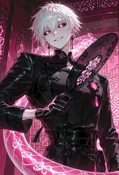 8k, beautiful masterpiece, looking out at the front, alone, super pale skin, Perfect Eyes shape, Athletic Build, ((He wears: Black Elaborate Daopao (道袍), Pink Jade Amulet, Black Leather Gloves)), (((background is Chinese opulent room, smiles mischievously ...