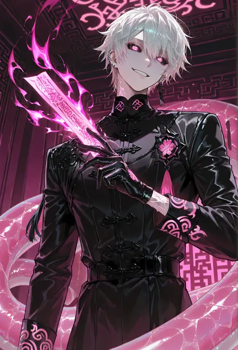 8k, beautiful masterpiece, looking out at the front, alone, super pale skin, Perfect Eyes shape, Athletic Build, ((He wears: Black Elaborate Daopao (道袍), Pink Jade Amulet, Black Leather Gloves)), (((background is Chinese opulent room, smiles mischievously ...