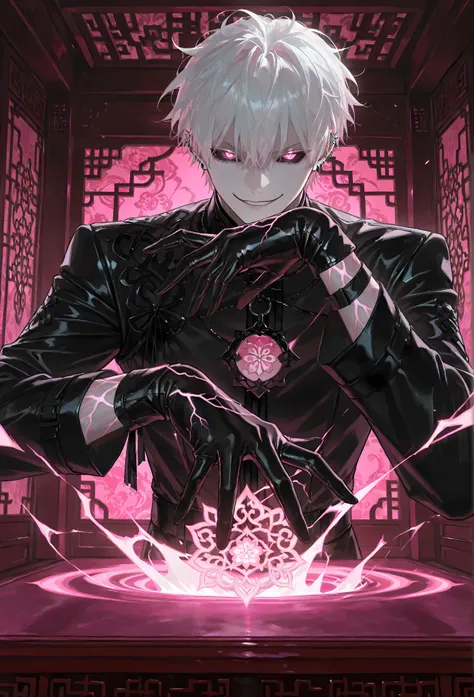 8k, beautiful masterpiece, looking out at the front, alone, super pale skin, Perfect Eyes shape, Athletic Build, ((He wears: Black Elaborate Daopao (道袍), Pink Jade Amulet, Black Leather Gloves)), (((background is Chinese opulent room, smirks while casting ...