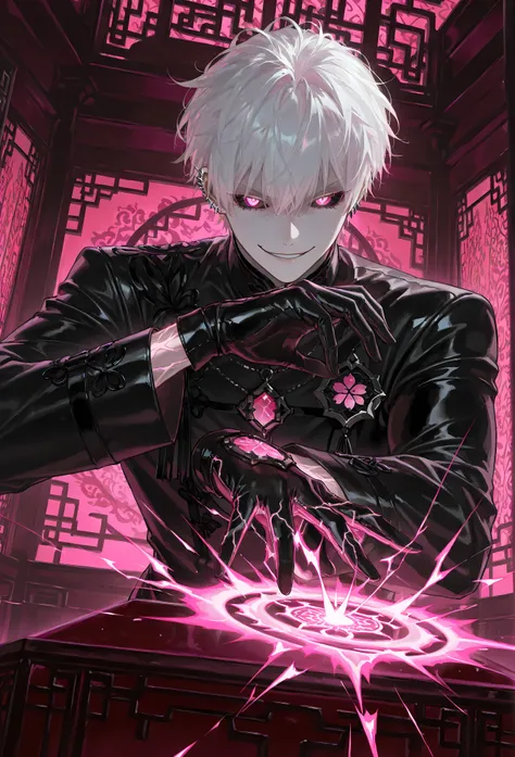 8k, beautiful masterpiece, looking out at the front, alone, super pale skin, Perfect Eyes shape, Athletic Build, ((He wears: Black Elaborate Daopao (道袍), Pink Jade Amulet, Black Leather Gloves)), (((background is Chinese opulent room, smirks while casting ...