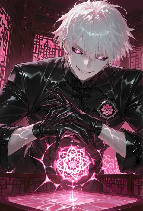 8k, beautiful masterpiece, looking out at the front, alone, super pale skin, Perfect Eyes shape, Athletic Build, ((He wears: Black Elaborate Daopao (道袍), Pink Jade Amulet, Black Leather Gloves)), (((background is Chinese opulent room, smirks while casting ...
