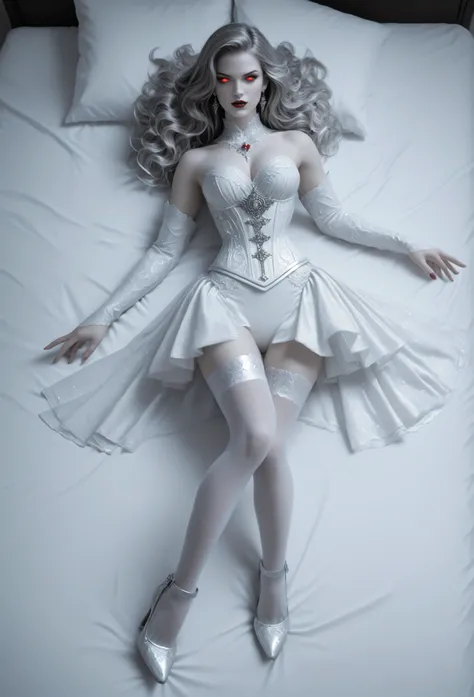 score_9, score_8_up, score_7_up, fantasy art deco, A (1960s photoshoot style black and white, only color is blue and red) glamours female vampire model shot, RAW, award winning, of an exquisite beautiful solo female vampire, ultra feminine, full body, bust...