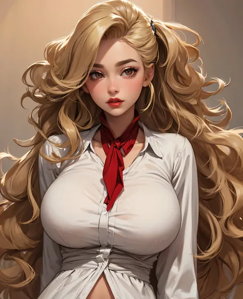 large hair, blonde hair, thin eyebrows, brown eyes, thick lips, red lips, female beautiful, face perfect, white shirt, large breasts, pov