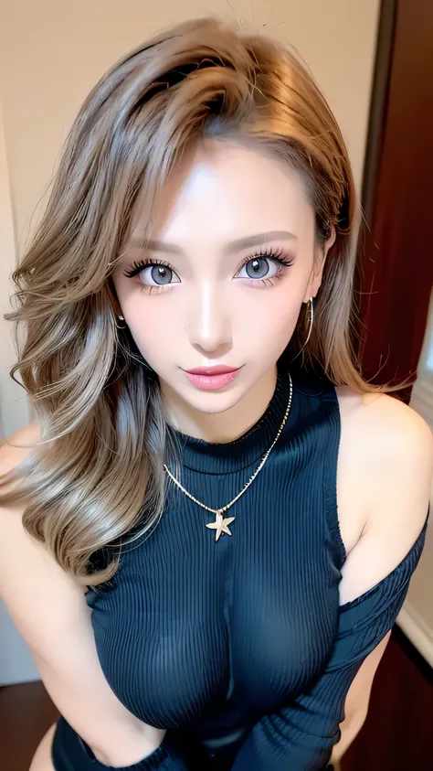 (   cowboy shooting、     top quality  、8k、   winning work   、       Super Fine )、     beautiful woman、(     The black sweater that was a big hit      ,  sexy cleavage :1.1)、  perfect big breasts  、( blonde alone     :1.1)、     Soft, Thin, Beautiful Lips   ...