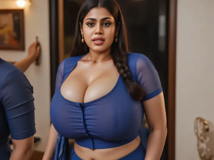 Hot indian curvy thick milf, thick thighs, woman wearing sleeveless and strapless blue blouse and midi, woman walking out of a house