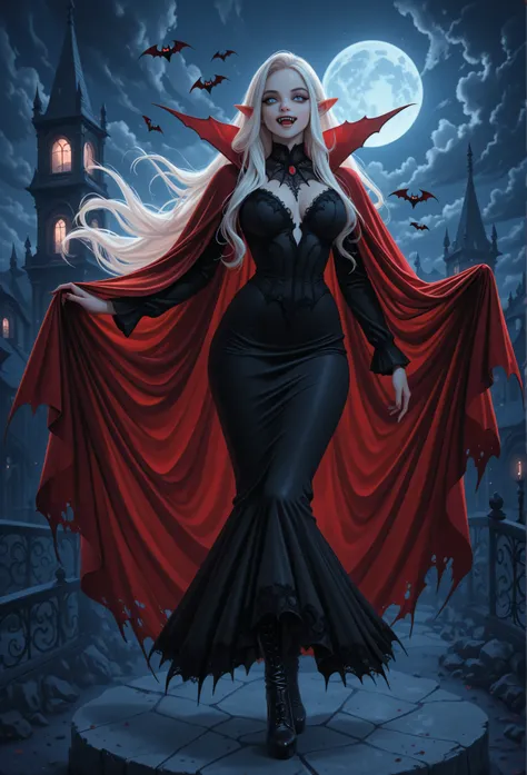 score_9, score_8_up, score_7_up, portrait of a vampire, elf (Masterpiece, best quality), ultra feminine, with a long curvy hair, light color hair, blue eyes, ((beautiful delicate face)), Ultra Detailed Face,vampiric fangs, red cloak , flowing cloak, wearin...