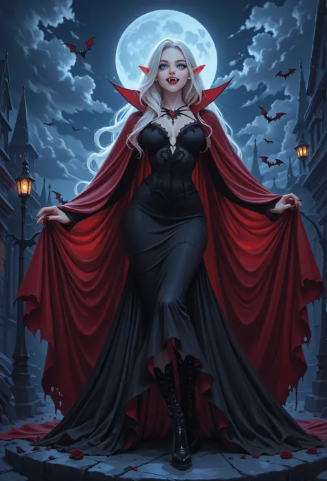 score_9, score_8_up, score_7_up, portrait of a vampire, elf (Masterpiece, best quality), ultra feminine, with a long curvy hair, light color hair, blue eyes, ((beautiful delicate face)), Ultra Detailed Face,vampiric fangs, red cloak , flowing cloak, wearin...