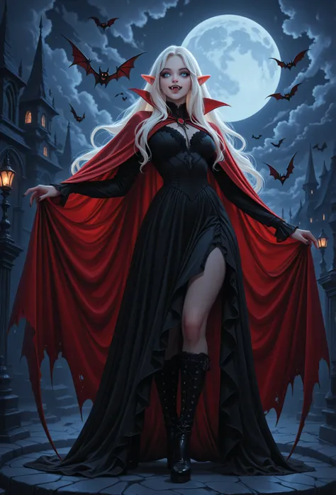 score_9, score_8_up, score_7_up, portrait of a vampire, elf (Masterpiece, best quality), ultra feminine, with a long curvy hair, light color hair, blue eyes, ((beautiful delicate face)), Ultra Detailed Face,vampiric fangs, red cloak , flowing cloak, wearin...