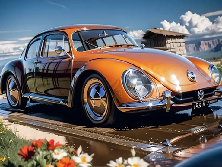 one Volkswagen beetles car, dark orange color, driving in the mountains
