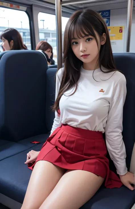 {{ white tight shirt }},{{A high school girl in a white tight shirt and a red skirt}},{{Because my legs are open on the train seat、vaginaが見えている}},{{Hairy Cat:camel toe:vagina}}