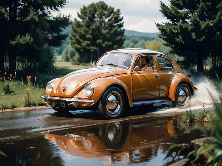one Volkswagen beetles car, ((dark orange color)), driving in the woods, car's front is facing viewer, looking down at the car