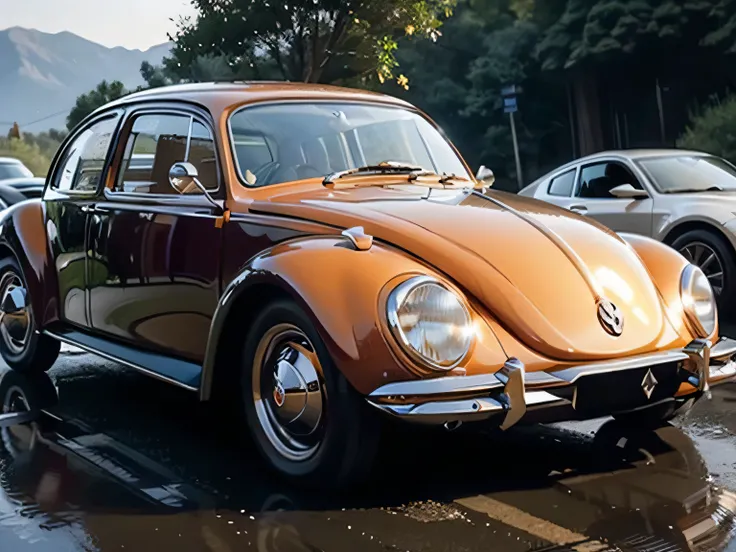 one Volkswagen beetles car, ((dark orange color)), driving on a empty mountain road, time is at night, dark, car's front is facing viewer, looking down at the car, ((no other cars on the street))
